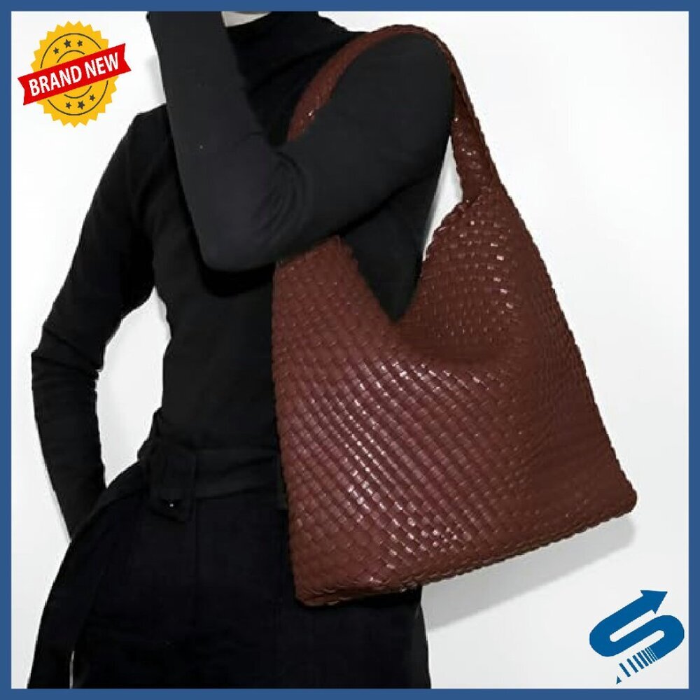 Large Woven Vegan Leather Tote Bag for Women, Handmade Work Commuter Day Bag - Picture 3 of 8